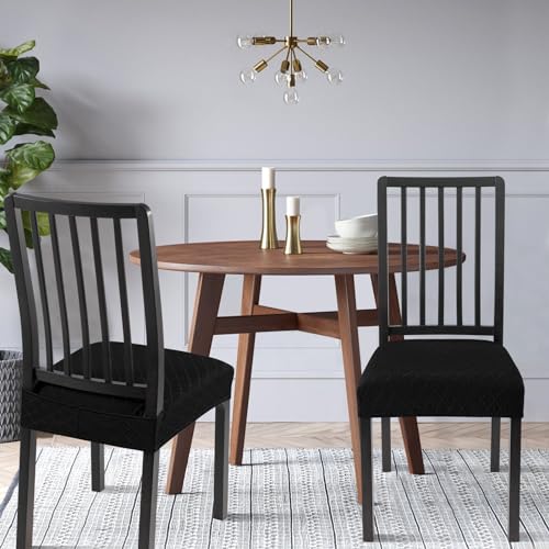 Image of SearchI Stretch Dining Chair Seat Covers Set of 4, Soft Removable Washable Seat Covers for Dining Chairs, Dining Room Seat Cover Protector (Rear-Covered, Check Jacquard Black)