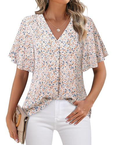 Timeson Women's V Neck Chiffon Blouse Ruffle Sleeve Professional Work Shirts Stylish and Comfortable 
