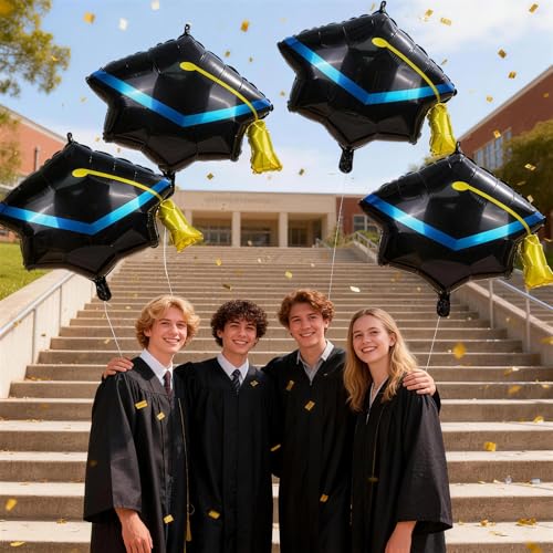 Image of Graduation Cap Balloons, Congrats Balloon for Graduation Decorations 4 Pcs Black Gold 2026 Grad Hat Foil Mylar Balloon for High School College Class of 2026 Congratulations Graduate Party Decoration