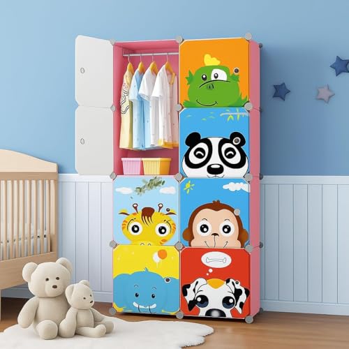 Image of Sunderlook Plastic Wardrobe for Kids Clothes - Collapsible Wardrobe, Easy to Use Anti-Skid & Non-Slip Effective Professional Foldable Plastic Cupboard for Kids, Home (Pink-HY, 8 Door)