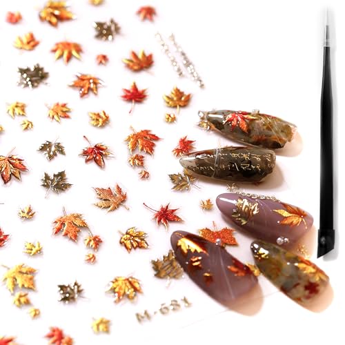Pegatinas Uñas Otoño 5D Autoadhesivas, 1 Hoja Pegatinas para Uñas con Pinzas, Diseño Dorado Hojas de Arce, Decoración Uñas Otoño-Invierno para DIY Manicura