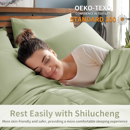 Image of Shilucheng 6 Piece Full Sheet Sets, Cooling Sheets, Blend Rayon Derived from Bamboo, Deep Pocket Up to 16 inch, Breathable & Soft Bed Sheets, Hotel Silky Bedding Set, Sage Green