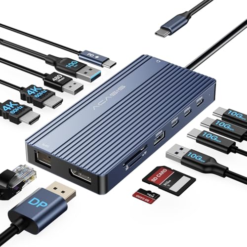 Docking Station USB C Triple Pantalla 14 en 1, ACASIS Hub USB C con 2 HDMI+DP(4K60Hz), Ethernet, 5...