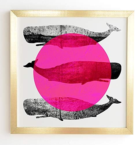 Deny Designs Elisabeth Fredriksson Gold Framed Wall Art, 12" x 12", Whales Pink