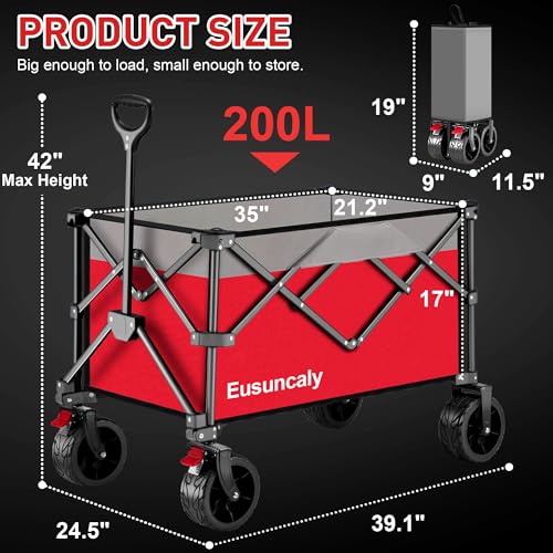 200L Collapsible Folding Wagon,Max 350LBS Heavy Duty Beach Wagon Cart with Big All-Terrain Wheels,Outdoor Utility Wagon for Sports,Fishing,Groceries,Camping,Garden Red-Gray - Thumbnail 6