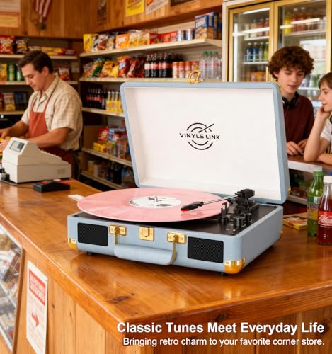 Image of VINYLSLINK Bluetooth Vinyl Record Player, 3-Speed Portable Turntable with Treble & Bass Control, Built-in Stereo Speakers, Belt-Driven LP Player with RCA & Headphone Jack, Vintage Blue Design