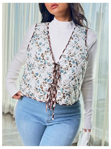 MakeMeChic Women's Plus Size Floral Print Sleeveless Padded Vest V Neck Vintage Outwear Vest4