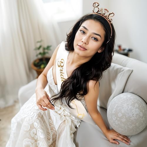 Image of Party Propz Bride to Be Decoration Set Combo - Satin Sash and Rose Gold Crown for Women, Bachelorette Party Decorations, Bridal Shower Accessories & Bride to Be Crown and Sash