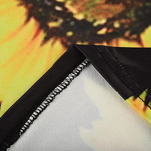 W-348 Vestido estampado floral com girassol amarelo mostarda para mulheres outono verão manga curta