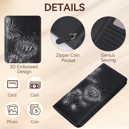 Image of Wallet Women Ultra Slim Thin Rfid 3D Embossed Vegan Leather Womens Wallet Clutch Long Ladies Wallet (01-Black)