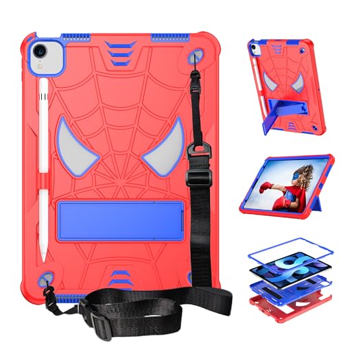 Étui iPad Air 4/5 enfant rouge et bleu avec bandoulière et support antichoc