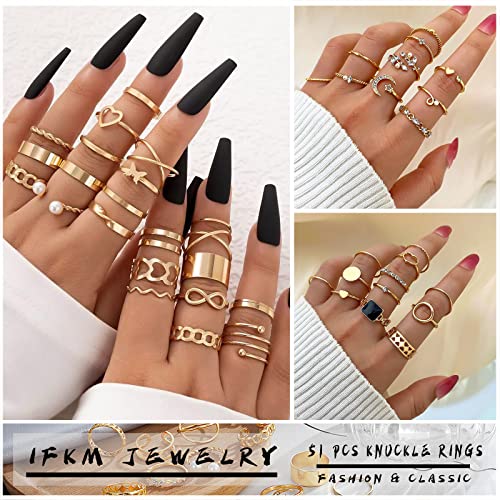 IFKM Gold Knuckle Rings Set For Women Vintage Stackable Joint Finger Midi Rings Dainty Cubic Zirconia Crystal Simple Twist Hollow Cute Pack Jewelry Gift (51 fasinon, Gold)2