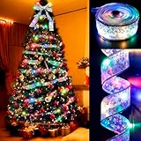 eliladis Christmas Decorations, 32ft Silver Ribbon Colorful Christmas Lights with 100 Led Fairy Lights Battery Powered Wire Ribbon Bows Lights for Christmas Tree Indoor Decor