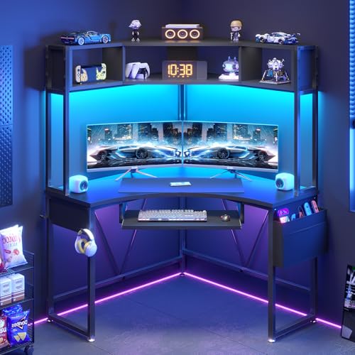 SEDETA-Corner-Desk-Small-Computer-Desk-with-Hutch-LED-Lights-Triangle-Corner-Gaming-Computer-Desk-with-Keyboard-Tray-Storage-Bag-and-Headphone-Hook-for-Small-Space-Home-Office-Desk-Black