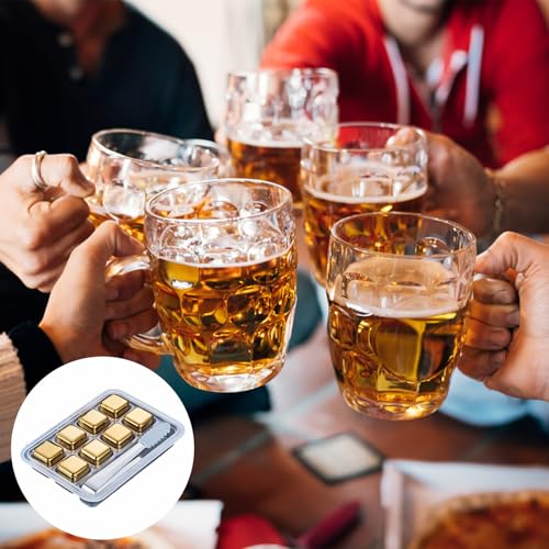8 Stück Eiswürfel Edelstahl, Golden Whiskey Ice Cubes, Whisky Eiswürfel Wiederverwendbar, mit Kieselgel Eisclip, für Whisky, Wodka, Likör, Wein, Getränkesaft
