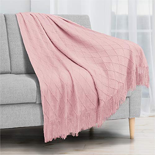Pavilia Knitted Throw Blanket Fringe Blush Light Pink | Decorative Tassel Boho Farmhouse Decor Couch Bed Sofa Fall Outdoor | Woven Modern Textured Afghan Soft Lightweight Cozy Warm Acrylic 50X60 #TOP1