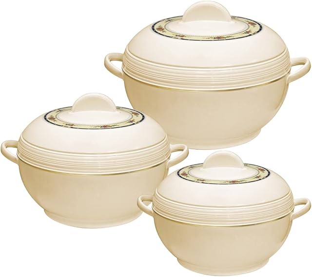 SQ Professional Insulated Serving Dishes with Lids - 3pc Ambiente Thermal Hot Food Containers Set 6, 8 and 10Litres, Cream