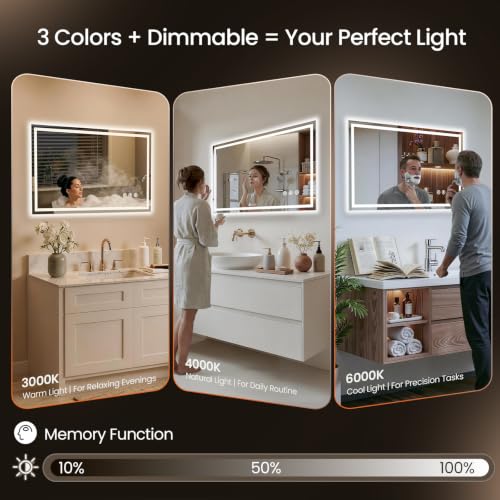 Image of 40x32 LED Bathroom Mirror with Anti-Fog, Backlit & Front Lit, Memory | Stepless Dimmable 3 Color CRI 95+ Shatterproof Tempered Glass ETL Listed for Safety Lighted Bathroom Vanity Mirror for Wall