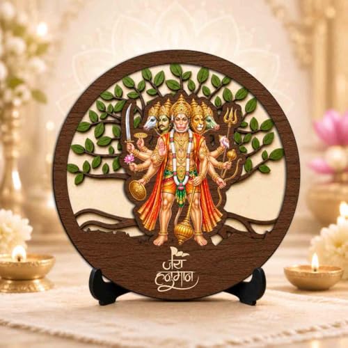 Image of Panchmukhi Hanuman Ji Premium Wooden God Idol for Indoor Temple, Living Room Shelf, Work Desk & Puja Decor - 5x5 Inch