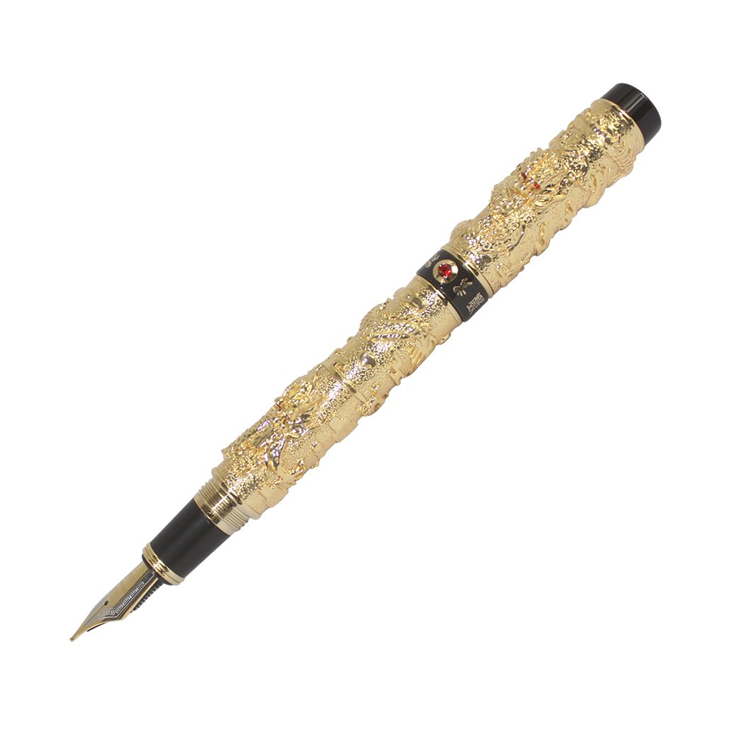 Jinhao - Pluma estilográfica clásica de dragones chinos jugando con la perla tallada 3D, estilo dorado de lujo, dorado