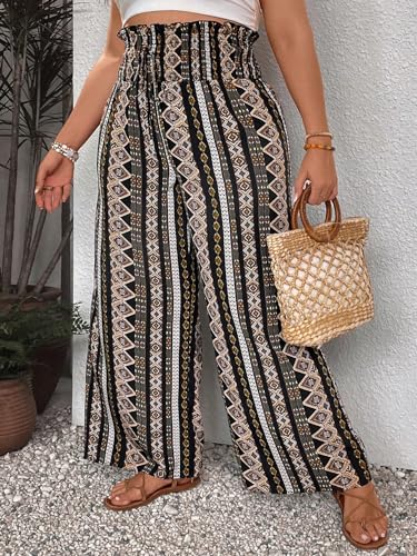 GORGLITTER Women's Plus Size Wide Leg Boho Pants Paperbag Geo Print Pants Shirred Beach Pants3