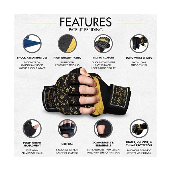 MoneyFyte-Precision-Striking-Quick-Gel-Hand-Wraps-for-Punching-Under-Boxing-Gloves--Wrist-Knuckle-Hand-Support-for-Men-Women-Kids-Youth--for-Boxing-MMA-Muay-Thai-Kickboxing-Training Quick Gel Boxing Wraps Under Boxing Gloves - Kickboxing MMA Muay Thai - Fist, Knuckle, Wrist Wrap Protection Inner Glove Hand Wraps - Men Women Kids - MoneyFyte (Black/Gold, S/M)