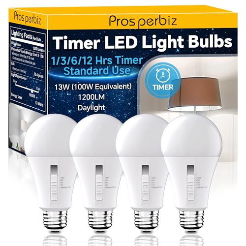 Prosperbiz Auto Timer LED Light Bulbs (4 Pack) - Built-in 1/3/6/12H Security Timer, 100W Equivalent A19 Daylight (5000K), Non-Dimmable, E26 Base for Indoor Safety & Convenience