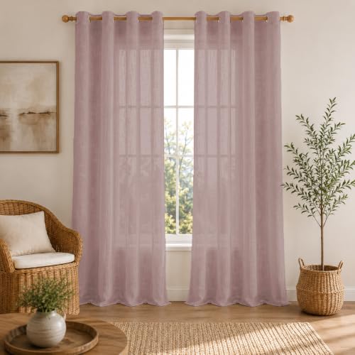 Image of LINENWALAS Aesthetic Sheer Curtains 5 Feet Long Set of 2, Poly Linen Shrink & Fade Proof Drapes for Window, Semi Transparent Modern Panels with Grommet Hanging for Living Room (Baby Pink /5 Feet)