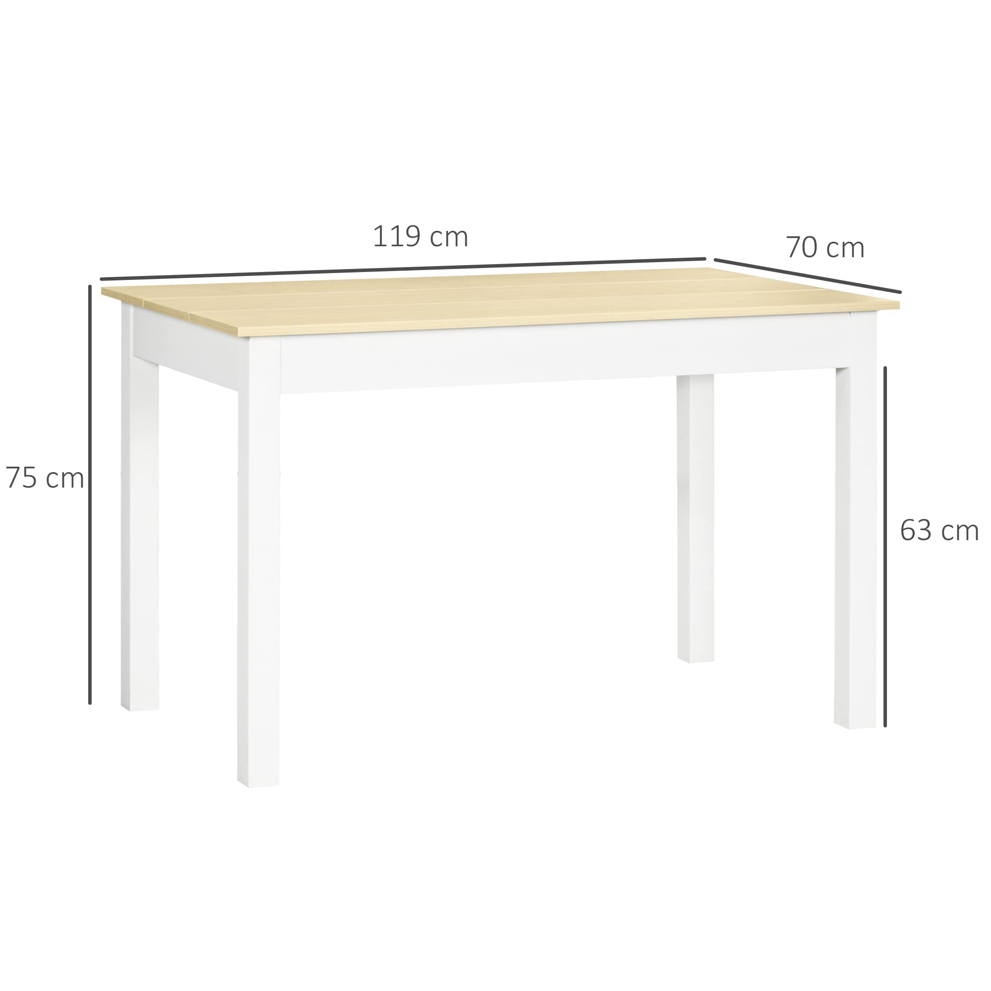 HOMCOM Mesa de Comedor Mesa Cocina 4-6 Personas 119x70x75 cm Roble Blanco | Rectangular, Estilo Moderno, Tablero de Melamina de Madera, Carga 50 kg
