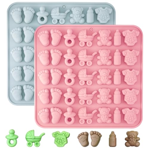 Prasacco 2 moldes de silicona con forma de ositos de goma, para baby shower, chocolate, huellas de bebé, chupete, cochecito, oso, botella, ropa de bebé, dulces, caramelos, chocolates, pasteles