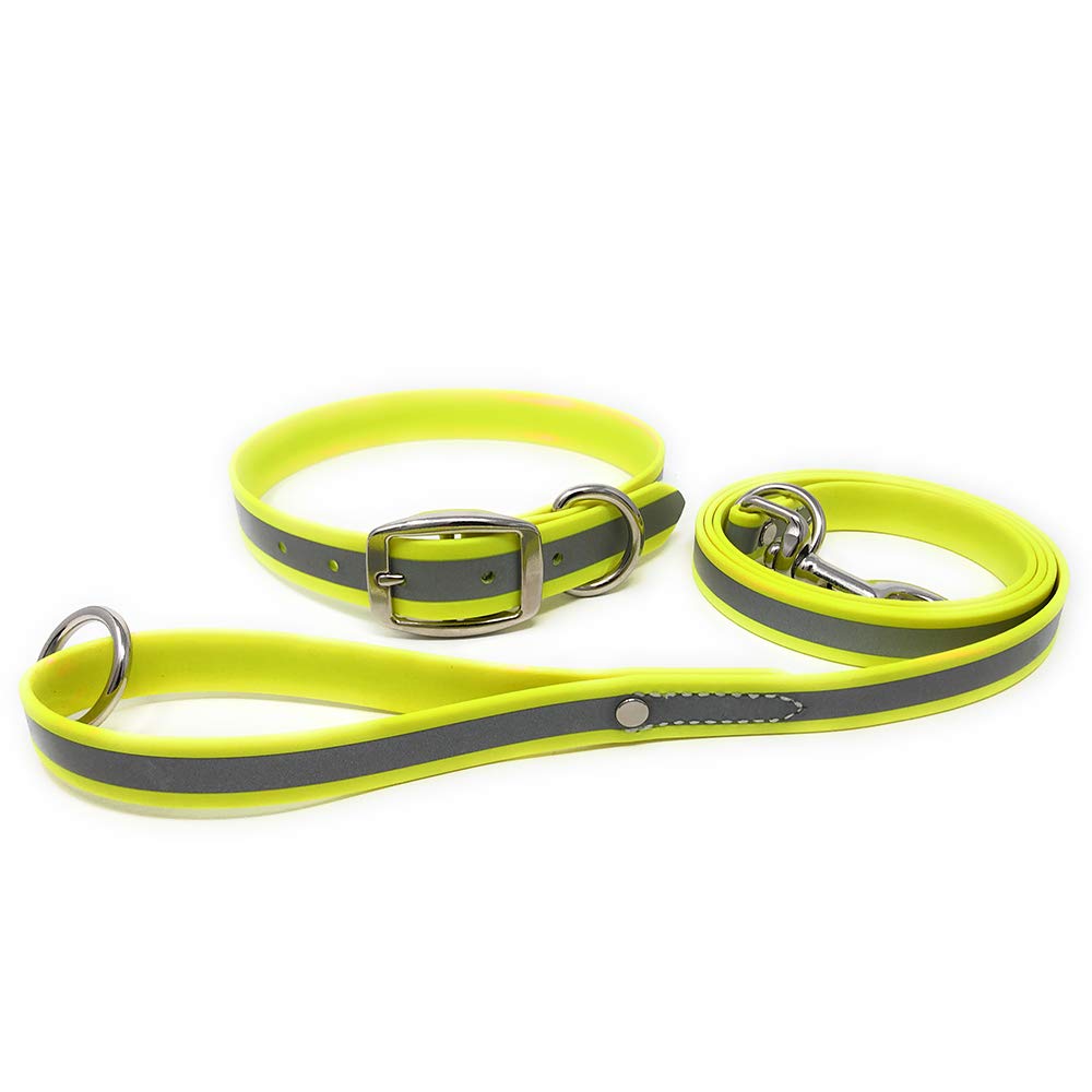 Regal Dog Products Medium Yellow Reflective Dog Collar and Leash Set - Waterproof Biothane Dog Collar with Heavy Duty Double Buckle, D Ring & 5ft
