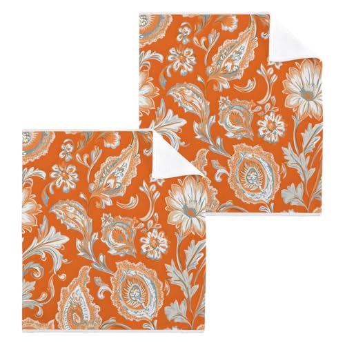 ALAZA Wash Cloth Set 100% Cotton Fingertip Towels Face Cloths Sets Paisley Orange Highly Absorbent Soft Feel Set of 2