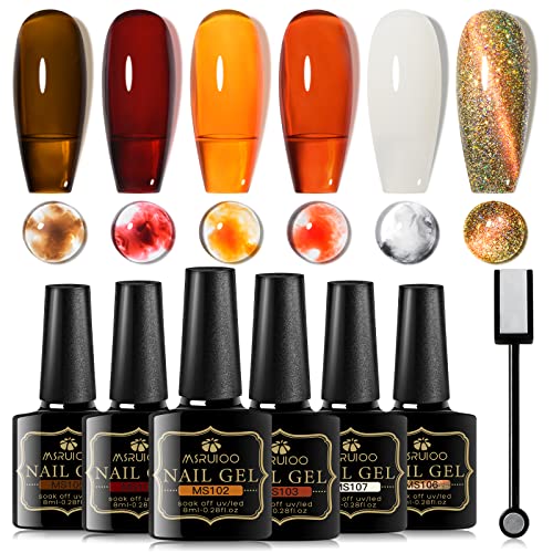 MSRUIOO Jelly Gel Esmalte de Uñas Set UV Esmalte de Uñas Translúcido Translúcido Clavos Coral Rojo Coral Quemado Naranja Ámbar Marrón Gato Eye Gel Esmalte de Uñas