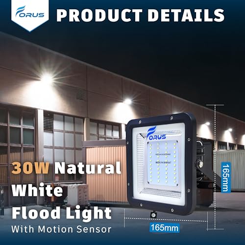 Image of Forus 30W LED Outdoor Flood Light with Motion Sensor, 8-15ft Detection, 180 Sensing, Day-Night Dual Mode, IP67 Waterproof, 4-Year Warranty, Security Light for Factory, Shop, Garden, Natural White-1PC