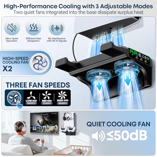 Image of P5 /Slim /Pro Wall Mount Kit with Cooling Fan & Charging Station, P5 Shelf Floating Mount for PA 5 /Slim /Pro Disc & Digital Console, PA 5 Wall Bracket Behind TV, PS Five Accessories, Black