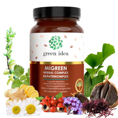 Green idea - Migreen - Migräne Vitamine - mit Mutterkraut, Weidenrinde, Magnesium, B-Komplex - Migräne Komplex 100% natürlich - Kopfweh Tabletten keine Nebenwirkungen - 90 Kapseln