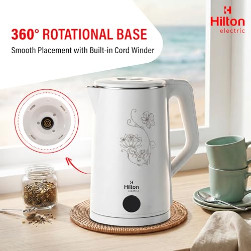 Image of Hilton Premium White 2 Litre Electric Kettle | 1500-Watt with Stainless Steel Body, Cool Touch Handle, Auto Switch-off Mechanism for Boiling Water, Tea, Coffee & instant noodles
