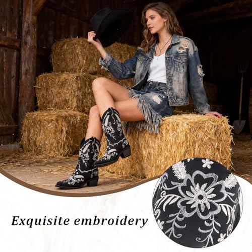 Image of LingxiaUne Cowboy Boots for Women Floral Cowgirl Boots with Pointed Toe and Chunky Heel Mid Calf Western Boot for Concert Festival Country Night Party