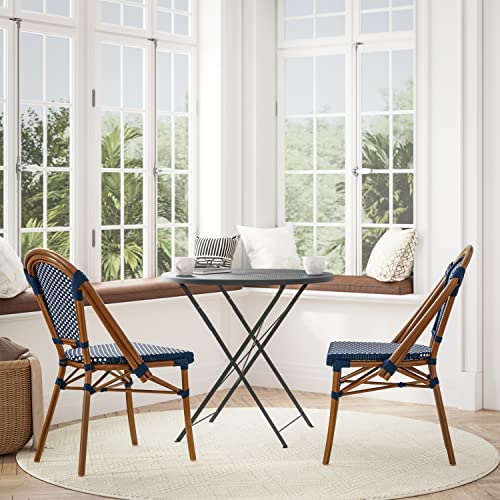 Image of Flash Furniture Bordeaux Set of 2 Indoor /Outdoor Commercial Bistro Stack Chairs - Navy /White PE Rattan Back and Seat - Natural Bamboo Print Aluminum Frame