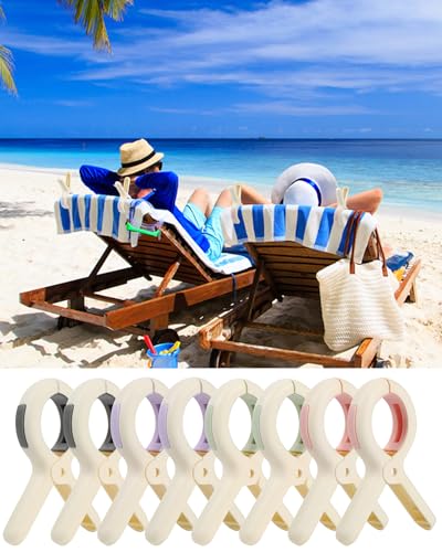 Large Beach Towel Clips 8-Pack - Heavy Duty Spring Clamps for Sand, Wind, Pool, Cruise Chairs - Plastic Clips for Towels, Blankets, Fabric - Vacation Essentials 2025