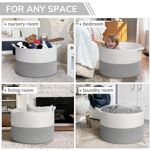 Image of INDRESSME 115L Extra Large Blanket Basket, Soft Cotton Rope Storage Basket for Organizing, Home Decor, Toys, Laundry & Towels, Toy Storage Organizer for Living Room & Nursery, Light Grey