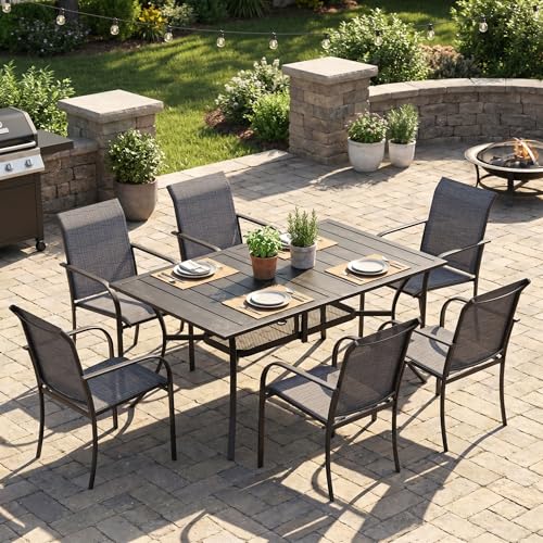 Image of VICLLAX Patio Dining Set for 6, 7-piece Outdoor Dining Set - 59 inch Rectangle Patio Table and Chairs for Lawn Garden, Black Tabletop and Fabric