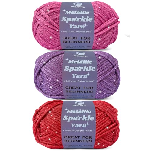 Image of Metallic Sparkle Yarn for Crochet and Knitting with Easy-to-See Stitches, Worsted Weight Medium #4, Beginners Yarn for Amigurumi, Bags, Home Decor (Magenta+Amethyst+Red, 3 Pack)
