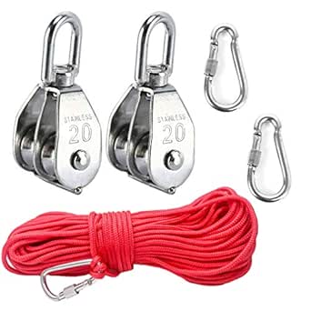 ROOFENG 2 Pieces 20mm Single Blocks with 304 Stainless Steel Pulley, M20 Lift Pull Block with 20 m Nylon Rope and 2 Carabiners