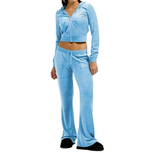 yidengymx Two Piece Velvet Hooded Outfits for Women, Womens 2 Piece Velour Tracksuit Zip Up Sweatsuit with Cargo Pockets Large Hoodie/Cargo Pants-blue