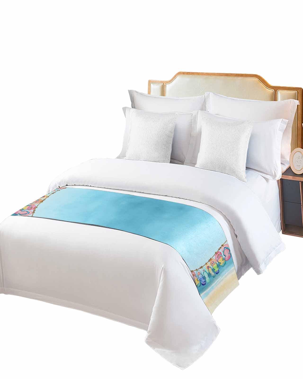 Beach Slippers Bed Runner Scarf for Cal King Size Bed Foot,Decorative Bedding Accessory Stainproof & Dustproof Soft Protector For Bedroom Wedding Room Summer Ocean Starfish Shell Blue Sky 102