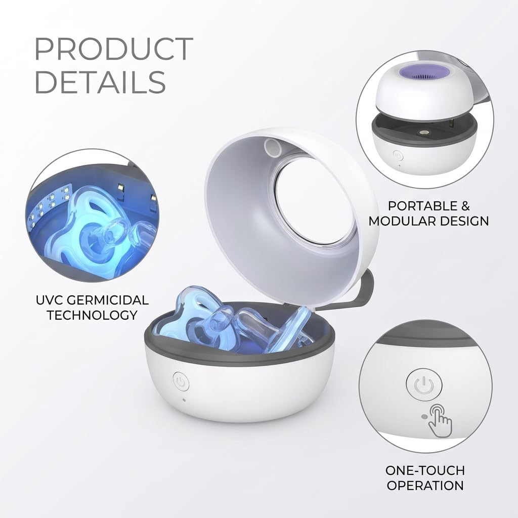 Portable UV Dummy Steriliser Box, Baby Pacifier Sanitiser 99.99% Sterilisation in 3 Minutes USB Type-C Rechargeable Travel for Dummies, Dentures, Braces Small Items for On-The-Go — view 2