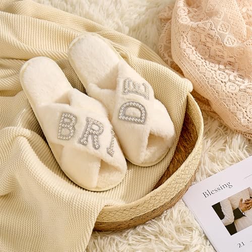 Bride Slippers for Wedding Day, Bride To Be Bridal Shower Gift for Women Bridesmaids, Personalized BRIDE Pearl Letter Open Toe Fuzzy Flip Flops, Getting Ready Outfit, Bachelorette Party2