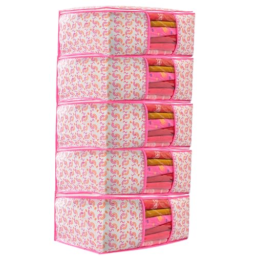Image of Non-Woven Saree Covers with Zipper & Transparent Window | Clothes Storage Bags for Wardrobe Organization | Dustproof Garment Storage for Sarees, Dresses, and Clothes (Pink, Pack of 5)