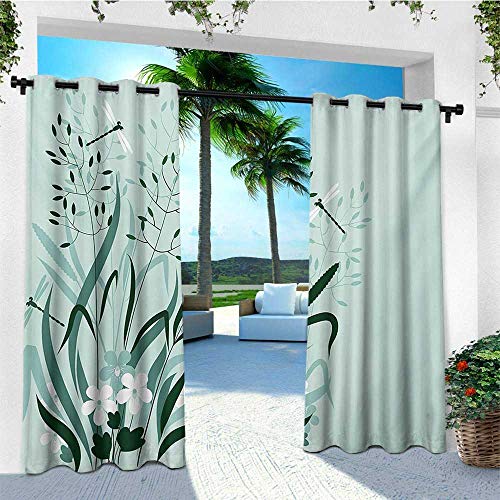 leinuoyi Dragonfly, Porch Curtains Outdoor Waterproof, Wild Grass and Dragonflies in Exquisitely Growing Lawn Herb Bush Rural Pattern, for Patio W72 x L96 Inch Pale Green